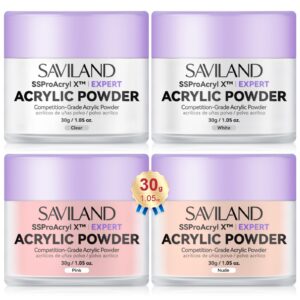 SAVILAND Acrylic Powder: 4PCS 1oz 30g Clear White Nudes Pink Colored Acrylic Nail Powder Keratin Acrylic Powder Set Professional Nail Powder for Nail Extension Carving 3D Nail Art Manicure Salon