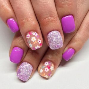 Press on Nails Short Square Fake Nails Flower Silver Glitter Sequins Glue on Nails Purple Full Cover False Nails Press ons Glossy Acrylic Nails Reuseable Stick on Nails for Women 24 Pcs