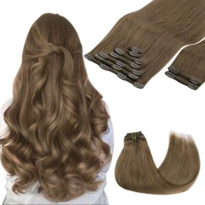 GOO GOO Clip in Hair Extensions Real Human Hair, Remy Human Hair Extensions Clip ins for Women, Natural Human Hair, 14inch 150g 9Pcs, 5 Light Ash Brown