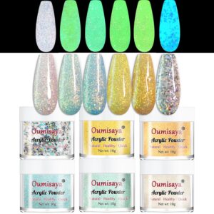 Glow in the dark Glitter Nail Acrylic Powder 6 Colors Set Macaron Blue White Gold Silver