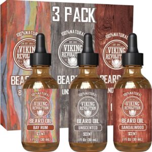 Viking Revolution Beard Oil for Men 3 Pack – Natural Mens Beard Oil Variety Set 2 – Sandalwood, Unscented and Bay Rum Scents – Beard Conditioning and Moisturizing for a Healthy Beard (3 Pack, 1oz)