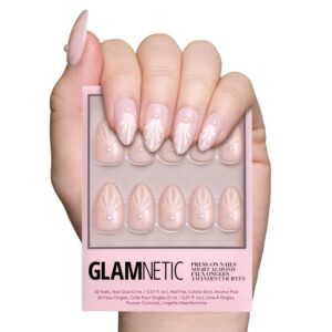 Glamnetic Press On Nails – Honeymoon | Short Almond Nude Fake Nails with 3D Nail Art and Glossy Velvet Finish, Reusable Wedding Nails | 15 Sizes – 30 Nail Kit with Glue