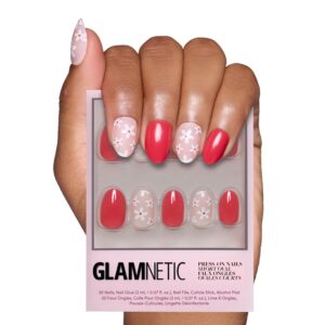 Glamnetic Press On Nails – Red Blossom | Short Oval Nails with Floral Accents, Reusable Stick On Fake Nails with Glue | Love In Bloom Valentine’s Nails | 15 Sizes – 30 Nail Kit with Glue