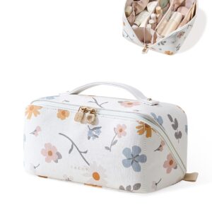 EACHY Travel Makeup Bag,Large Capacity Cosmetic Bags for Women,Waterproof Portable Pouch Open Flat Toiletry Bag Pattern Makeup Bag (D-White-Large)