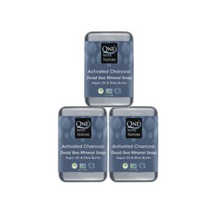 One With Nature Dead Sea Salt Activated Charcoal Soap 4oz 3Pk-Dead Sea Salt for Face and Body Contains Magnesium, Sulfur and 21 Essential Minerals, Soap for Eczema, Plant-based
