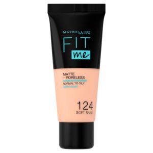Maybelline Fit Me Foundation, Medium Coverage, Blendable With a Matte and Poreless Finish, For Normal to Oily Skin, Shade: 124 Soft Sand, 30ml