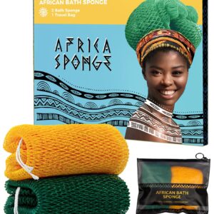 African Net Loofah Sponge – 2 Pieces Black Owned Authentic Body Sponges – Exfoliating Wash Cloths for Showering Yellow & Forest – Back Scrubber Exfoliator Shower Sponge for Body Bath Accessories