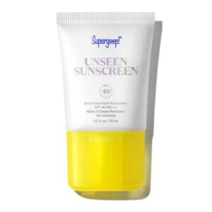 Supergoop! Unseen Sunscreen – SPF 40 – Invisible, Broad Spectrum Face Sunscreen + Makeup-Gripping Primer – Weightless, Scentless, Oil Free – For All Skin Types & Skin Tones – 0.5 fl oz