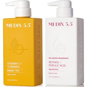 Medix 5.5 Fragrance Free Firming Retinol Body Lotion + Brightening Vitamin C Cream 2pc Skin Care Set, Crepey Skin Care Treatment, Anti Aging Body Cream & Face Moisturizer For Crepe Skin & Dark Spots