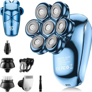 Detachable Head Shavers, SHPAVVER 5 in 1 Electric Razor IPX7 Waterproof for Bald Men, Wet Dry LED Display Rechargeable 7D Rotary Shaver Grooming Kit with Type C Charge A，Bright Blue