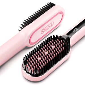 TYMO Hair Straightener Brush – Upgraded Ionic Plus Straightening Brush with Dense Bristles, 16 Temps, Dual Voltage | Ceramic Hot Comb for Women | Flat Iron for Thick Curly Hair, Pink