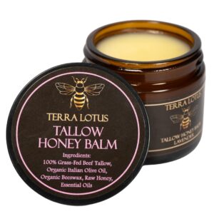 Terra Lotus – Organic Grass-Fed Beef Tallow Balm with Raw Honey – Moisturizing Cream for Soft, Smooth Skin – Handmade All-Natural Moisturizer (2 Oz, Lavender)