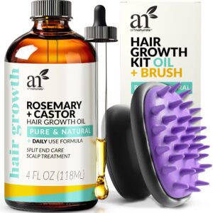 ArtNaturals Organic Rosemary & Castor Hair Growth Oil + Scalp Massager Set – Hair Styling Oils for Dry, Itchy Scalp, Thickening & Hydration – Scalp Oil Products For Damaged Hair & Split Ends – 4.0 oz