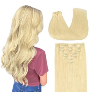 GOO GOO Clip in Hair Extensions Real Human Hair, Remy Human Hair Extensions Clip ins for Women, Natural Human Hair, 24inch 160g 7Pcs, 22F Light Golden Blonde