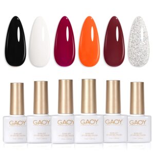 GAOY Black White Gel Nail Polish Set, 6 Colors Glitter Orange Soak Off UV Light Cure Gel Polish Kit for Salon and Nail Art DIY at Home