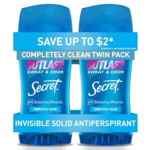 Secret Outlast Antiperspirant Deodorant for Women, 72hr Sweat & Odor Protection, PH Balancing Minerals, Invisible Solid, Completely Clean Scent, 2.6 oz (Pack of 2)