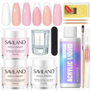Saviland Acrylic Nail Kit: French Sculpture Set with Clear/Nude/Pink Powder and Liquid> Brush> Cuticle Oil for Professional DIY Nail Art – Beginner Set