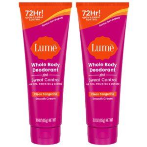 Lume Whole Body Deodorant Plus Sweat Control – Smooth Cream Tube – 72 Hour Odor And Sweat Control – Baking Soda Free, Skin Loving – 3.0 ounce (Pack of 2) (Clean Tangerine)