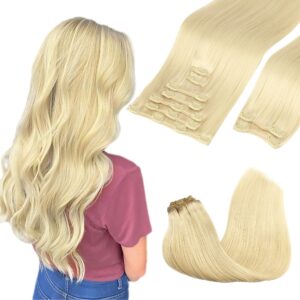 GOO GOO Clip in Hair Extensions Real Human Hair, Remy Human Hair Extensions Clip ins for Women, Natural Human Hair, 14inch 150g 9Pcs, 613R Bleach Blonde