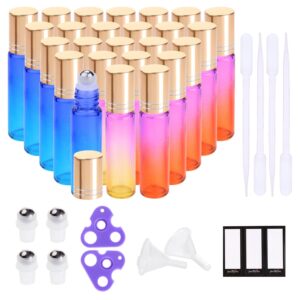 PrettyCare 24 Pack, 10 ml Essential Oil Roller Bottles with Stainless Steel Roller Ball – Refillable Leak-proof Empty Thick Rainbow Glass Roll on Bottles with Metal Caps for Travel, Perfume
