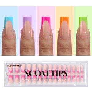 BTArtboxnails XCOATTIPS Press on Nails – French Tip Nails Long Sqaure, Brighter Pastel Soft Gel Nail Tips False Nail, Soak Off Acrylic Fake Nails Art Home DIY