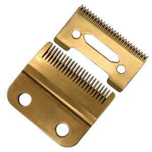 Professional 2-Hole Stagger Tooth Replacement Blades Set #2161, 1 Carbon Steel Fixed Fade Blade, 1 Carbon Steel Moving Cutter Blade, Compatible with Wahl 5 Star Series Magic Clip Hair Clippers(Gold)