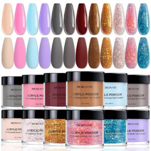 Morovan Acrylic Powder Set 12 Colors Gift Nail Art Powder Beginner DIY Professional Polymer Powder for Acrylic Nails Extension Odor-Free Bubble-free No Nail Lamp Needed (Elegant senior)