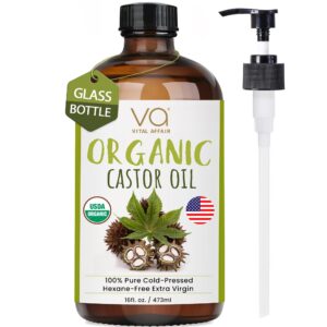 Pure Organic Cold Pressed Castor Oil – USDA Certified Unrefined Glass Bottle for Oil Pack Wrap, Face, Hair Growth, Eyelashes, Eyebrows – 16oz