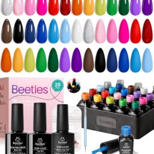 Beetles Summer Gel Polish Set 28Pcs Pink Yellow Green Red Blue Gel Nail Polish Blokecore Collection with Sports Nail Charms Base Top Coat and Double-ended Brush DIY Home Rainbow Nails