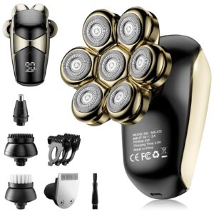 Detachable Head Shavers, SHPAVVER 5 in 1 Electric Razor IPX7 Waterproof for Bald Men, Wet Dry LED Display Rechargeable 7D Rotary Shaver Grooming Kit with Type C Charge A