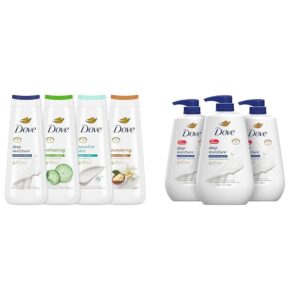 Dove Body Wash Deep Moisture Sensitive Skin Cucumber Green Tea Shea Butter Vanilla 4 Count and Deep Moisture For Dry Skin Moisturizing 3 Count