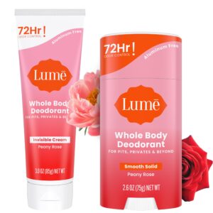 Lume Whole Body Deodorant – Invisible Cream and Solid – 72 Hour Odor Control – Aluminum Free, Baking Soda Free, Skin Safe – 3.0 Ounce Cream and 2.6 Ounce Solid Bundle (Peony Rose)