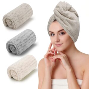 CZZXI 3 PCS Microfiber Hair Towel – Wraps for Wet Hair, Anti Frizz Turbans, for Curly Hair (Beige, Khaki, Grey)
