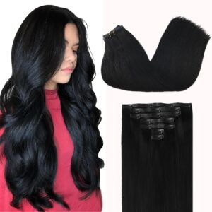 GOO GOO Clip in Hair Extensions Real Human Hair, Remy Human Hair Extensions Clip ins for Women, Natural Human Hair, 24inch 120g 7Pcs, 1 Jet black
