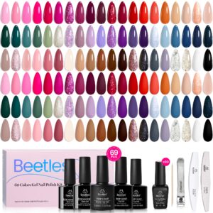 Beetles 60 Colors Gel Nail Polish Set, Summer Gel Polish Kit Glitter Hot Pink Orange Red Blue White Black 69 Pcs with 5Pcs Base Top Coat Gel Gifts for Women Exquisite Femininity