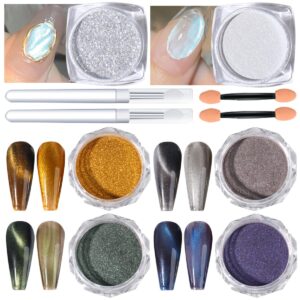 2 Boxes White Pearl Chrome Nail Powder>4 Color Chrome Nail Powder Chameleon Magnetic Holographic Ice Aurora Magic and 4 Pcs Nails Tool