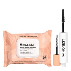 Honest Beauty Extreme Length Volumizing Clean Mascara + Cleansing Makeup Remover Facial Wipes Bundle | Safe for Sensitive Skin and Eyes | 0.27 fl oz, 30 Count