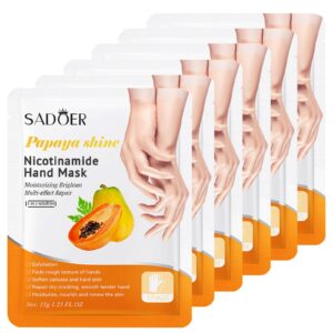 6 Pack Moisturizing Hand Peel Mask Gloves> Hand Mask Natural Collagen Spa Gloves Moisture Enhancing Gloves for Dry Hands> Repair Rough Damage Skin for Women & Men (Papaya)