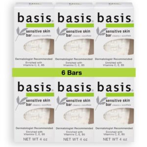Basis Sensitive Skin Bar Soap for Body, Hands and Face, Unscented Soap Bar for Sensitive Skin with Chamomile and Aloe Vera, 4 Oz, Pack of 6
