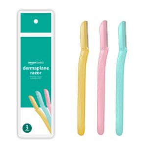 Amazon Basics Women’s Multipurpose Exfoliating Dermaplaning Tool, Eyebrow Razor, and Facial Razor, Includes Blade Cover, Multicolor, 3 Count