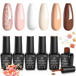 Beetles Gel Nail Polish Set, 6 Colors Pink Milky White Nude Glitter Brown Tender Elegance Fall Gel Polish Set Soak Off Uv Led Lamp Needed Easy DIY Nail Art Salon Home Design Gifts for Women