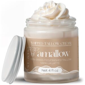 Amallow 100% Grass Fed Beef Tallow for Skin Care – Face + Body – Whipped Moisturizer – Natural Lotion, 4 FL. oz. (Vanilla Latte)