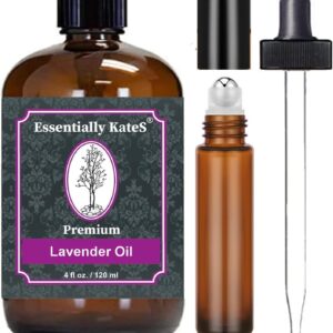 Essentially Kates Lavender Oil – 100% Pure and Natural, Therapeutic Grade with Glass Dropper and Roll-on Bottle