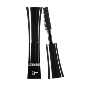 IT Cosmetics Superhero Mascara – Travel Size Volumizing and Lengthening Black Mascara – Buildable Lash Volume with Collagen, Biotin & Peptides – Lifting & Curling Formula – Sensitive Eyes, 0.17 fl oz