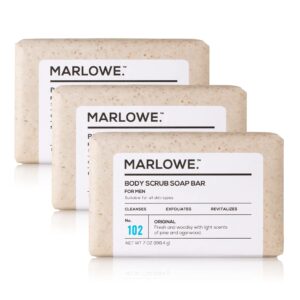MARLOWE. No. 102 Men’s Body Scrub Soap 7 oz (3 Bars) Fresh Original Woodsy Scent, Exfoliating Bar for Men with Natural Ingredients, Apricot Seed Powder, Shea Butter, Olive Oil, Green Tea Extracts