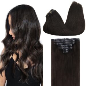 GOO GOO Clip in Hair Extensions Real Human Hair, Remy Human Hair Extensions Clip ins for Women, Natural Human Hair, 14inch 110g 7Pcs, 2 Dark Brown
