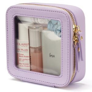 Small Cosmetic Bag for Purse Mini Makeup Bag for School Cute Clear Make Up Pouch for Travel Tiny Leather Purple Make Up Organizer Case for Backpack Toiletry Bag Waterproof Square Pouch with Zipper