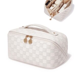 EACHY Travel Makeup Bag, Large Capacity Cosmetic Bags for Women, Waterproof Portable Open Flat Toiletry Bag Make up Bag with Divider and Handle, Gifts for Women (White-4, Medium)