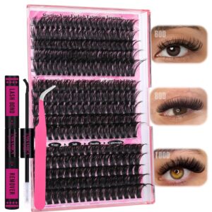 Yawamica Faux Mink Eyelash Extensions Kit, 300pcs 60D+80D+100D Individual Clusters, Black, Cruelty Free, DIY Lash Beginners