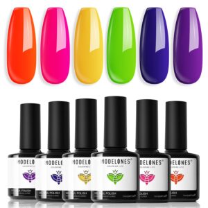 modelones Neon Gel Nail Polish Set, 6 Colors Summer Neon Bright Hot Pink Green Navy Blue Purple Orange Yellow Nail Gel Kit Soak Off Nail Art Design Manicure DIY at Home Salon Gift for Girls